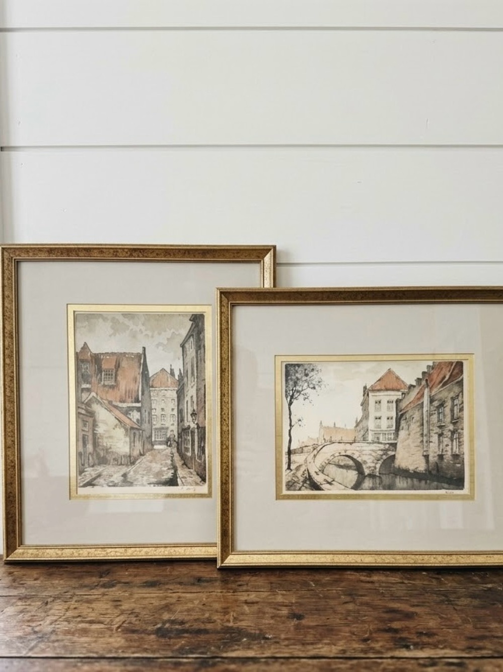 Framed Vintage Belgian Street Scene Wall Art - Gold Frame, Neutral Tones